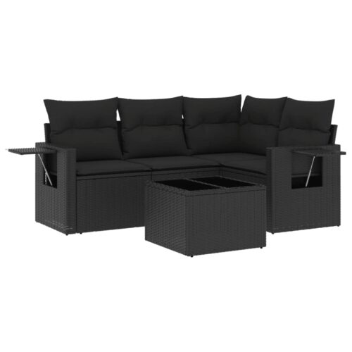 5-Piece Garden Sofa Set with Cushions Black Poly Rattan Wicker Outdoor Patio Furniture