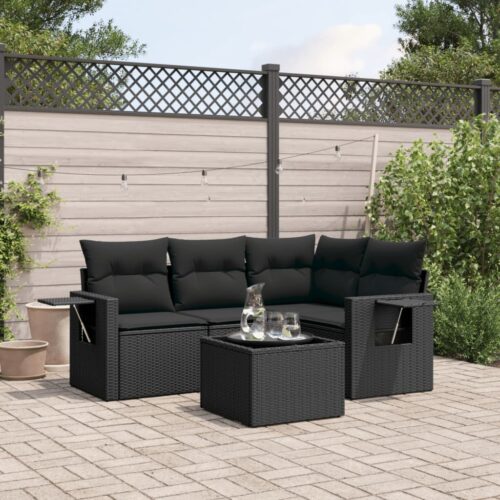 5-Piece Garden Sofa Set with Cushions Black Poly Rattan Wicker Outdoor Patio Furniture - Image 2