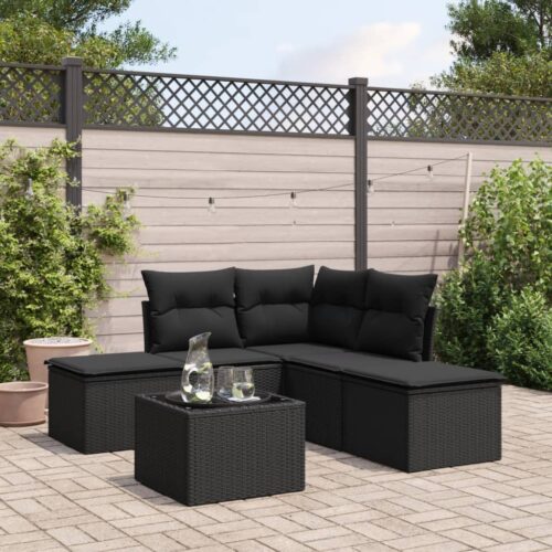 6-Piece Garden Sofa Set with Cushions Black Poly Rattan Wicker Outdoor Patio Furniture - Image 2
