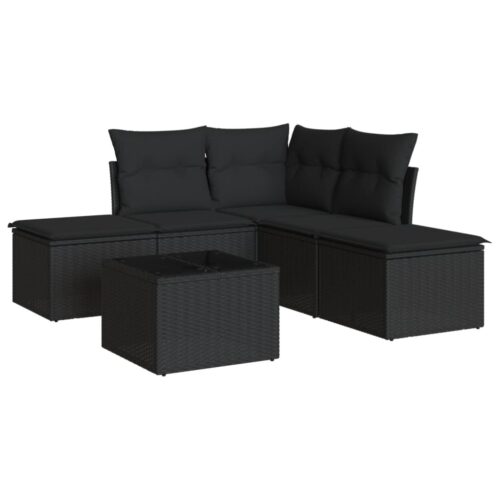 6-Piece Garden Sofa Set with Cushions Black Poly Rattan Wicker Outdoor Patio Furniture - Image 5