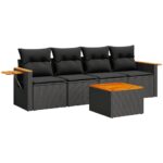 5-Piece Garden Sofa Set with Cushions Black Poly Rattan Wicker Outdoor Patio Furniture