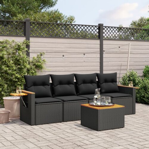 5-Piece Garden Sofa Set with Cushions Black Poly Rattan Wicker Outdoor Patio Furniture - Image 2