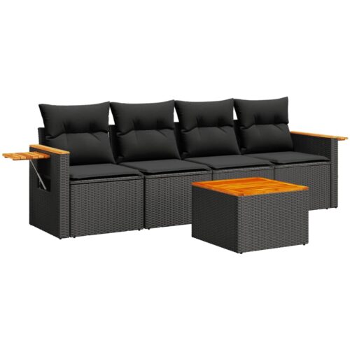 5-Piece Garden Sofa Set with Cushions Black Poly Rattan Wicker Outdoor Patio Furniture - Image 5