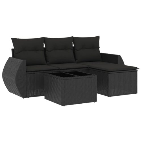 5-Piece Garden Sofa Set with Cushions Black Poly Rattan Wicker Outdoor Patio Furniture