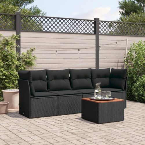 5-Piece Garden Sofa Set with Cushions Black Poly Rattan Wicker Outdoor Patio Furniture - Image 2