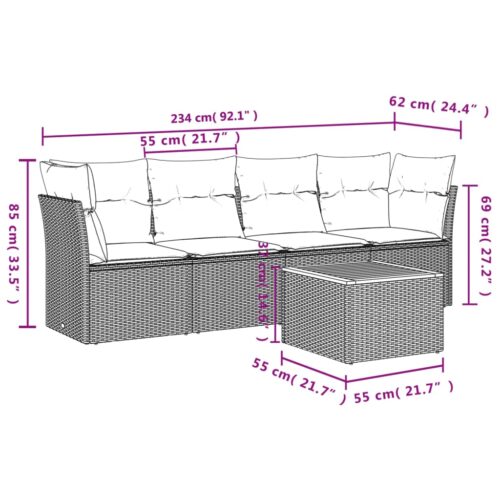 5-Piece Garden Sofa Set with Cushions Black Poly Rattan Wicker Outdoor Patio Furniture - Image 10