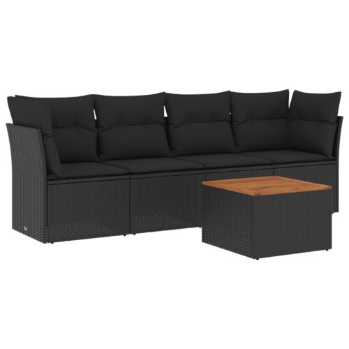 5-Piece Garden Sofa Set with Cushions Black Poly Rattan Wicker Outdoor Patio Furniture - Image 14