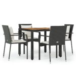 5-Piece Garden Dining Set with Cushions Black Poly Rattan