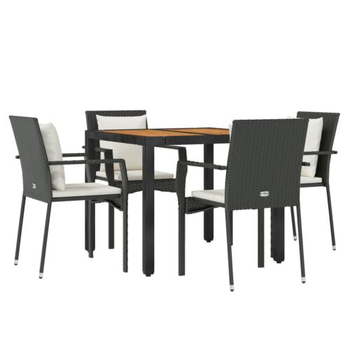 5-Piece Garden Dining Set with Cushions Black Poly Rattan - Image 3