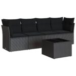 5-Piece Garden Sofa Set with Cushions Black Poly Rattan Wicker Outdoor Patio Furniture