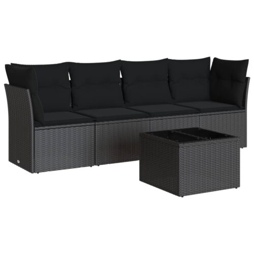 5-Piece Garden Sofa Set with Cushions Black Poly Rattan Wicker Outdoor Patio Furniture