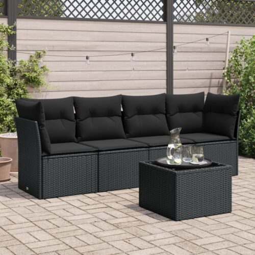 5-Piece Garden Sofa Set with Cushions Black Poly Rattan Wicker Outdoor Patio Furniture - Image 2