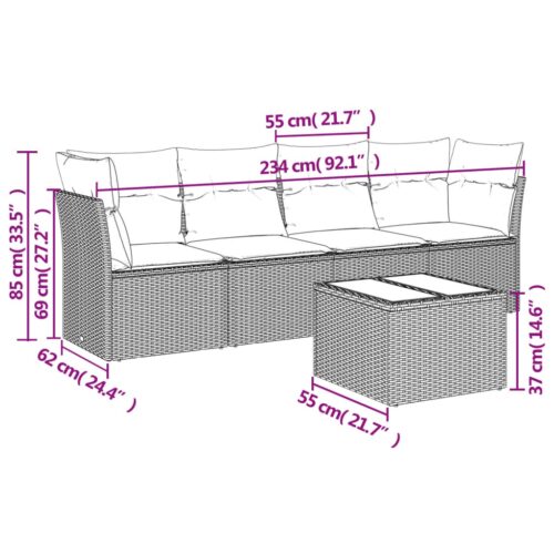 5-Piece Garden Sofa Set with Cushions Black Poly Rattan Wicker Outdoor Patio Furniture - Image 3