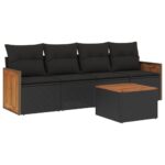 5-Piece Garden Sofa Set with Cushions Black Poly Rattan Wicker Outdoor Patio Furniture