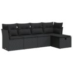 5-Piece Garden Sofa Set with Cushions Black Poly Rattan Wicker Outdoor Patio Furniture
