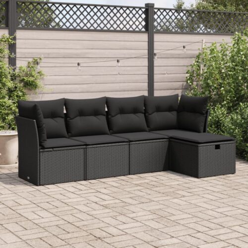 5-Piece Garden Sofa Set with Cushions Black Poly Rattan Wicker Outdoor Patio Furniture - Image 2