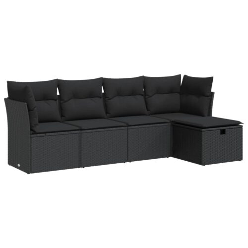 5-Piece Garden Sofa Set with Cushions Black Poly Rattan Wicker Outdoor Patio Furniture - Image 13