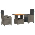 3-Piece Garden Dining Set with Cushions Grey Poly Rattan