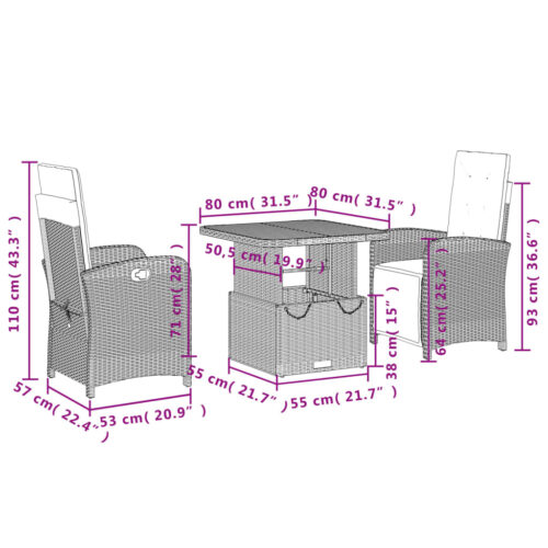 3-Piece Garden Dining Set with Cushions Grey Poly Rattan - Image 8
