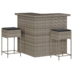 3-Piece Garden Bar Set with Cushions Grey Poly Rattan Wicker Outdoor Patio Furniture