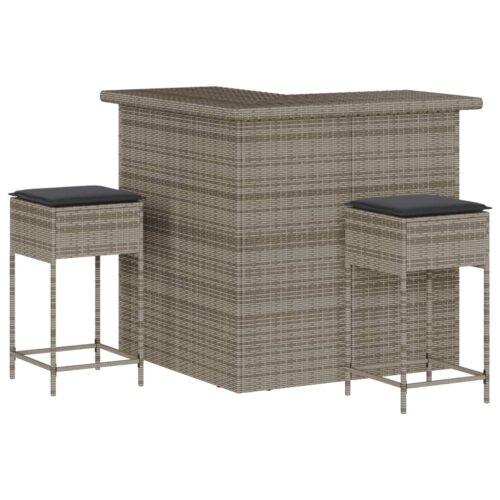 3-Piece Garden Bar Set with Cushions Grey Poly Rattan Wicker Outdoor Patio Furniture