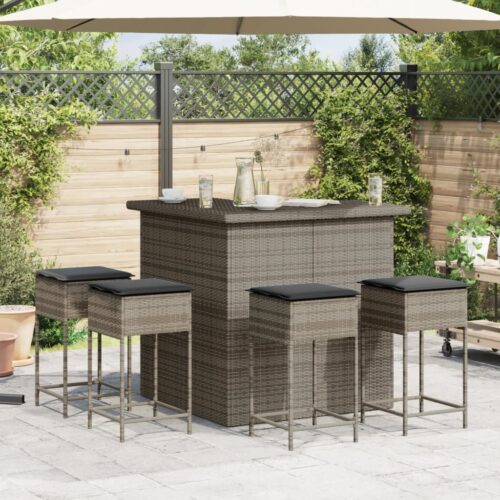 3-Piece Garden Bar Set with Cushions Grey Poly Rattan Wicker Outdoor Patio Furniture - Image 3