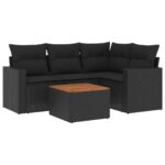 5-Piece Garden Sofa Set with Cushions Black Poly Rattan Wicker Outdoor Patio Furniture