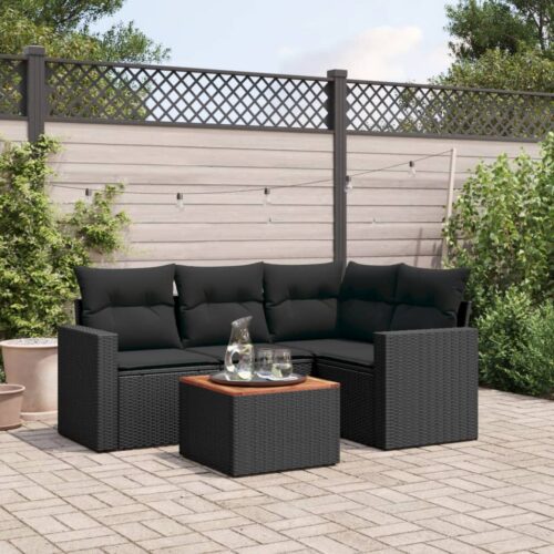 5-Piece Garden Sofa Set with Cushions Black Poly Rattan Wicker Outdoor Patio Furniture - Image 2