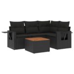 5-Piece Garden Sofa Set with Cushions Black Poly Rattan Wicker Outdoor Patio Furniture