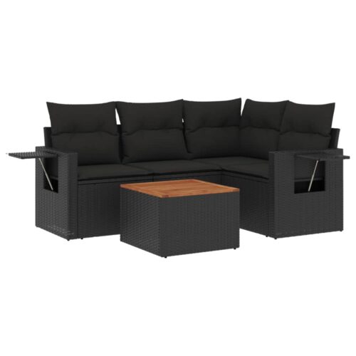 5-Piece Garden Sofa Set with Cushions Black Poly Rattan Wicker Outdoor Patio Furniture