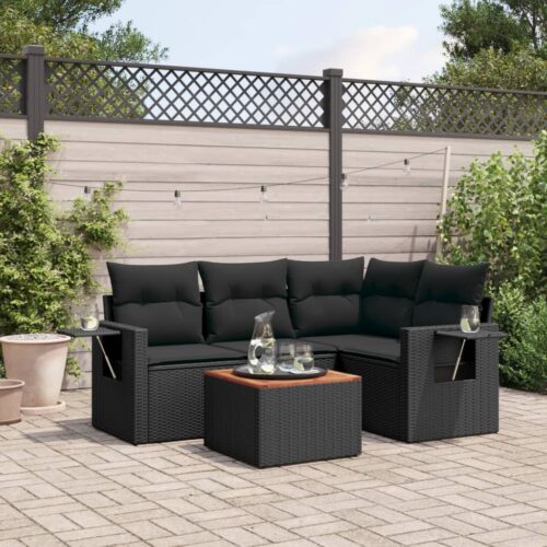 5-Piece Garden Sofa Set with Cushions Black Poly Rattan Wicker Outdoor Patio Furniture - Image 2