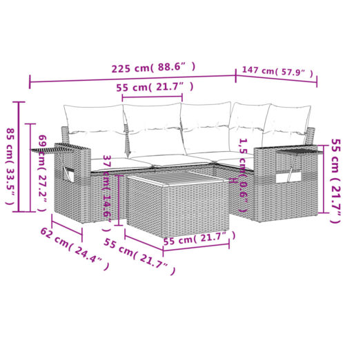 5-Piece Garden Sofa Set with Cushions Black Poly Rattan Wicker Outdoor Patio Furniture - Image 3