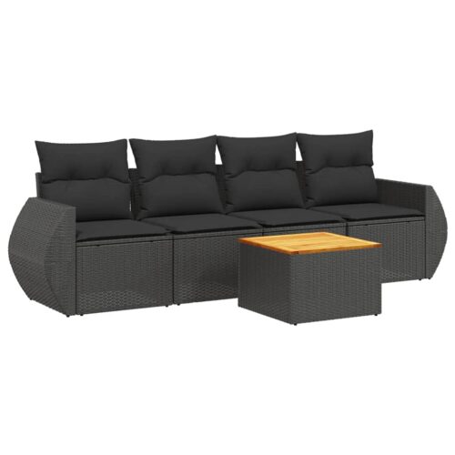 5-Piece Garden Sofa Set with Cushions Black Poly Rattan Wicker Outdoor Patio Furniture