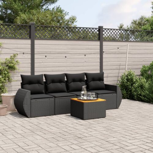 5-Piece Garden Sofa Set with Cushions Black Poly Rattan Wicker Outdoor Patio Furniture - Image 2