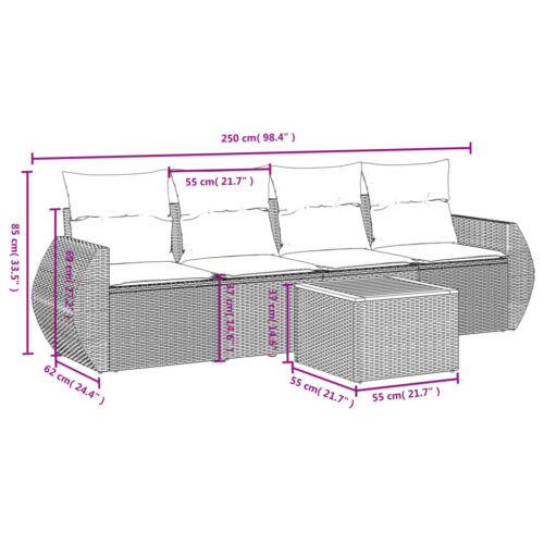 5-Piece Garden Sofa Set with Cushions Black Poly Rattan Wicker Outdoor Patio Furniture - Image 3