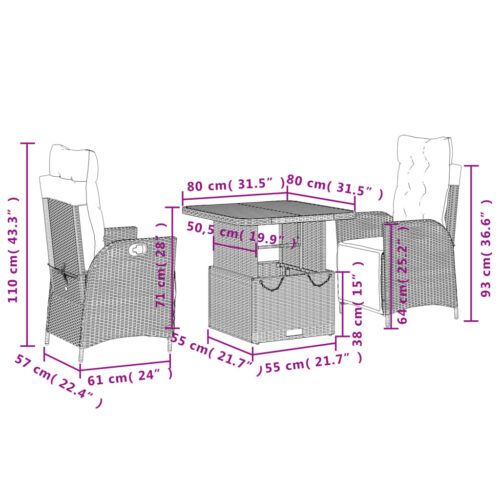 3-Piece Garden Dining Set with Cushions Grey Poly Rattan Wicker Outdoor Patio Furniture - Image 8