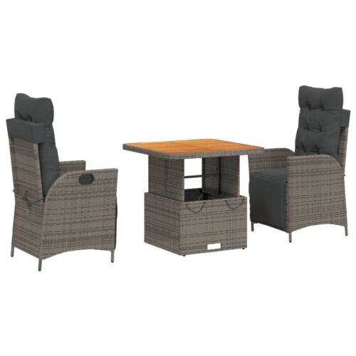 3-Piece Garden Dining Set with Cushions Grey Poly Rattan Wicker Outdoor Patio Furniture - Image 13