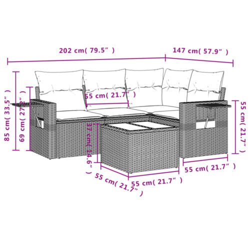5-Piece Garden Sofa Set with Cushions Black Poly Rattan Wicker Outdoor Patio Furniture - Image 3