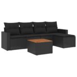 6-Piece Garden Sofa Set with Cushions Black Poly Rattan Wicker Outdoor Patio Furniture