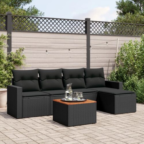 6-Piece Garden Sofa Set with Cushions Black Poly Rattan Wicker Outdoor Patio Furniture - Image 2