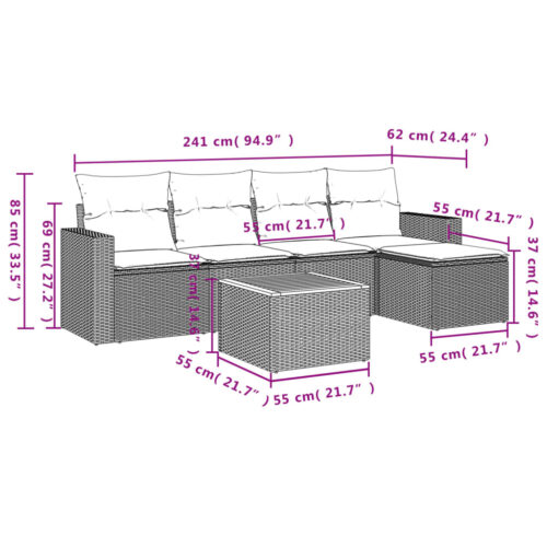 6-Piece Garden Sofa Set with Cushions Black Poly Rattan Wicker Outdoor Patio Furniture - Image 3