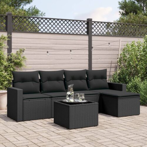 6-Piece Garden Sofa Set with Cushions Black Poly Rattan Wicker Outdoor Patio Furniture - Image 2