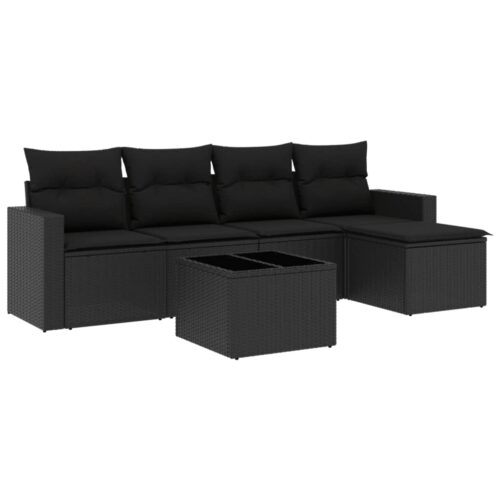 6-Piece Garden Sofa Set with Cushions Black Poly Rattan Wicker Outdoor Patio Furniture - Image 14