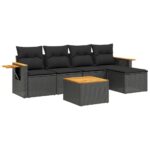 6-Piece Garden Sofa Set with Cushions Black Poly Rattan Wicker Outdoor Patio Furniture