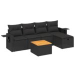 6-Piece Garden Sofa Set with Cushions Black Poly Rattan Wicker Outdoor Patio Furniture