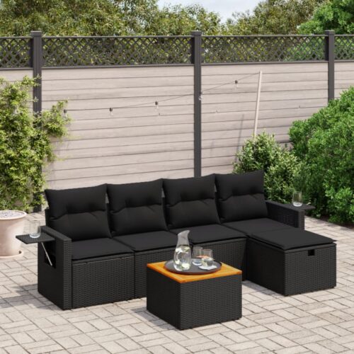 6-Piece Garden Sofa Set with Cushions Black Poly Rattan Wicker Outdoor Patio Furniture - Image 2