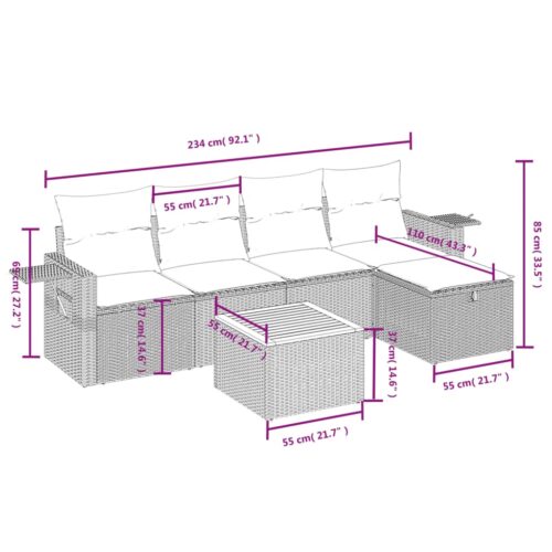 6-Piece Garden Sofa Set with Cushions Black Poly Rattan Wicker Outdoor Patio Furniture - Image 4