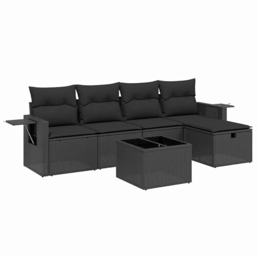 6-Piece Garden Sofa Set with Cushions Black Poly Rattan Wicker Outdoor Patio Furniture