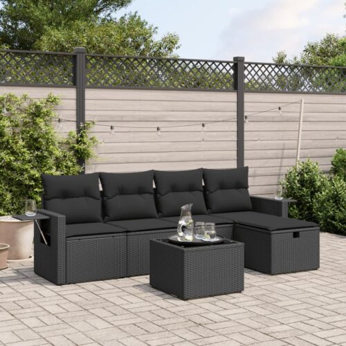 6-Piece Garden Sofa Set with Cushions Black Poly Rattan Wicker Outdoor Patio Furniture - Image 2