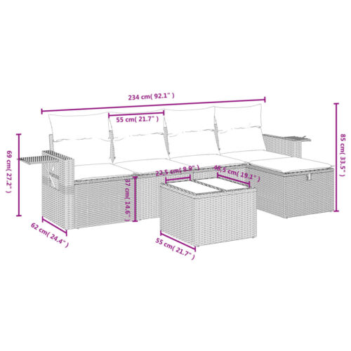6-Piece Garden Sofa Set with Cushions Black Poly Rattan Wicker Outdoor Patio Furniture - Image 4